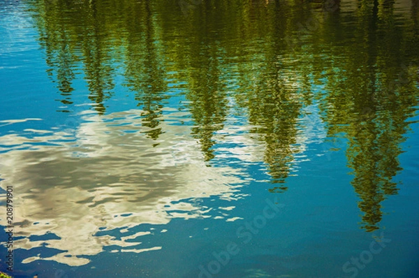 Fototapeta Clouds and tree reflected in canal water surface on a sunny day in Weesp. Quiet and pleasant village full of canals and green near Amsterdam. Northern Netherlands. Retouched photo.