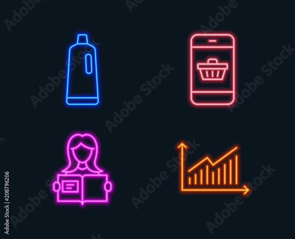 Obraz Neon lights. Set of Shampoo, Smartphone buying and Woman read icons. Graph sign. Bath cleanser, Website shopping, Girl studying. Presentation diagram.  Glowing graphic designs. Vector