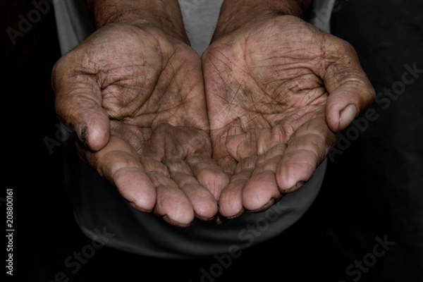 Fototapeta The poor old man's hands beg you for help. The concept of hunger or poverty. Selective focus. Poverty in retirement. Alms