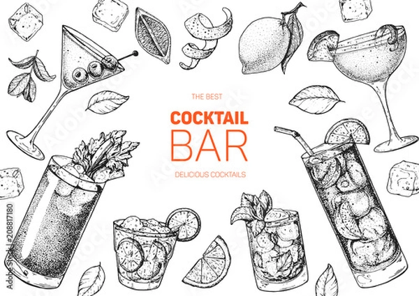 Fototapeta Koktajle alkoholowe ręcznie rysowane ilustracji wektorowych. Zestaw szkiców koktajle. Grawerowany styl.