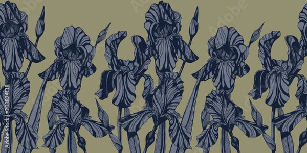 Fototapeta Iris flowers seamless pattern. Hand drawn ink illustration. Wallpaper or fabric design.
