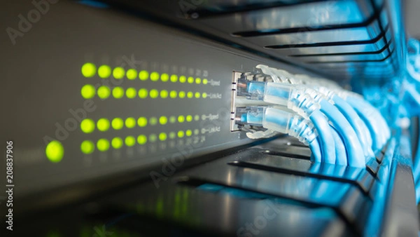 Obraz Podłączono przełącznik sieciowy i kable Ethernet