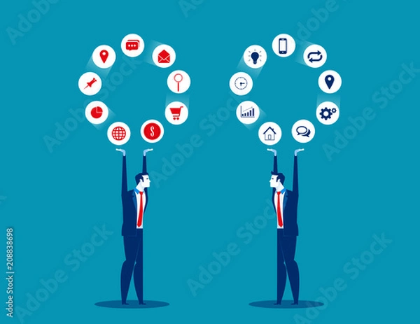 Fototapeta Flat character Teamwork. Business team with partnership and analyze business. Concept business vector illustration, Cartoon business style, Management, Successful.