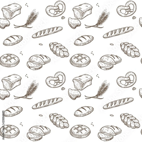 Fototapeta Bakery bread cereals vector sketch pattern