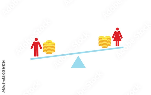 Obraz Grafika wektorowa mężczyzny i kobiety, balansujących na wadze z monetami, przedstawiająca różnice w wynagrodzeniach kobiet i mężczyzn
