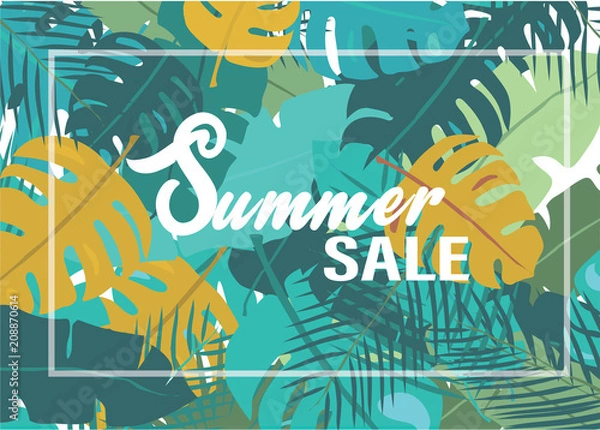 Fototapeta Tropical  leaves pattern abstract background with Summer Sale words, idea for banner and backdrop