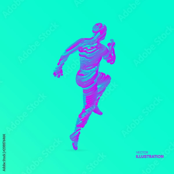 Obraz Running man. Emblem for marathon and jogging. 3d model of man. Vector Illustration. Wire connection to virtual reality.