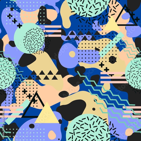 Fototapeta Abstract geometric background. dark blue background seamless pattern and color figures and spots for cover digital graphic and textile. Memphis style pattern vector illustration