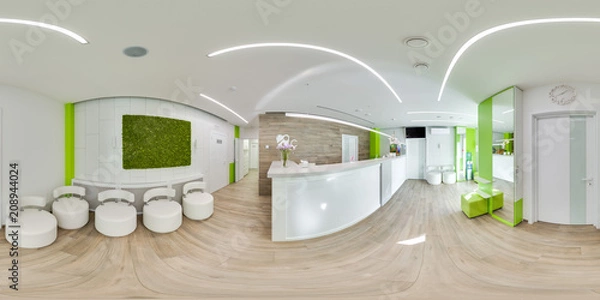 Fototapeta MOSCOW - SUMMER 2018, 3D spherical panorama with 360 viewing angle of the green modern dental office. Ready for virtual reality. Full equirectangular projection.  Dental clinic. Reception hall.