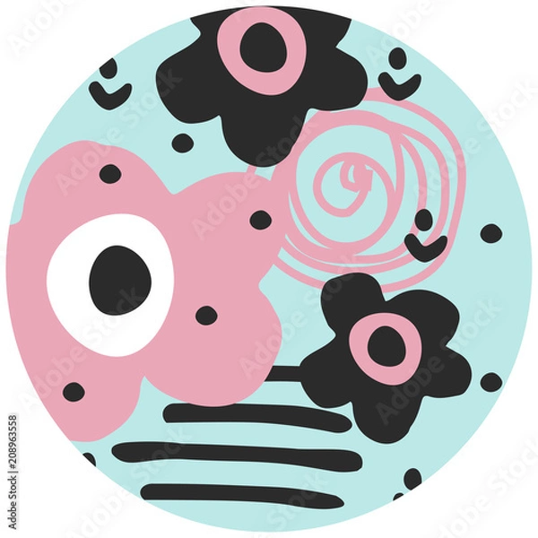Obraz Hand drawn abstract flowers in scandinavian design. Flowers in round frame. For kids,nursery,wrapping or textile, Scandinavian poster.