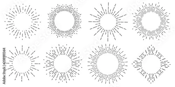 Fototapeta Ilustracja wektorowa Creative geometryczne ręcznie rysowane promienie słoneczne na białym tle na tle. Sztuka projektowania liniowych fal słonecznych, lśniące linie gwiazd promienia. Streszczenie koncepcja graficzny okrągły lub okrągły element formularza