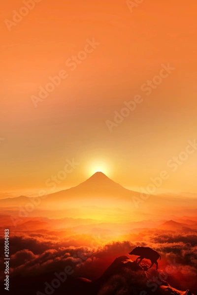 Fototapeta 富士山の日の出とイノシシのシルエット
