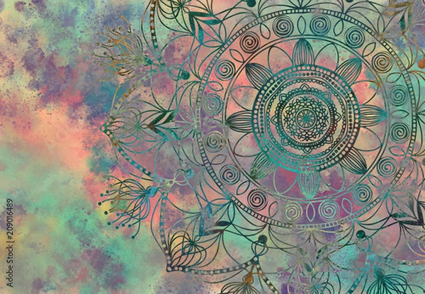 Fototapeta Abstract mandala graphic design and watercolor digital art painting for ancient geometric concept background