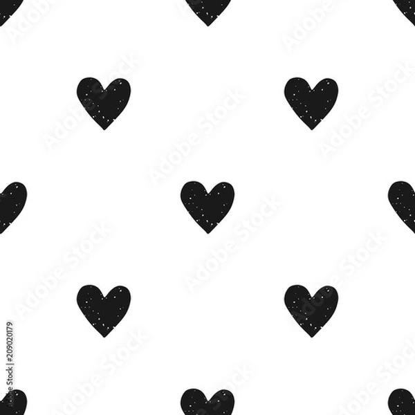 Obraz Valentine's Day block print seamless pattern with grunge textured black hearts on white background
