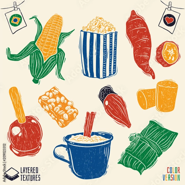 Fototapeta Typowe potrawy na brazylijską imprezę czerwcową - kolba kukurydzy, popcorn, słodkie ziemniaki, jabłko toffi, cukierki orzechowe (pe-de-moleque i pacoca), pinion, hominy pudding i cukierki kukurydziane (cural). Zdejmowana tekstura drewna.
