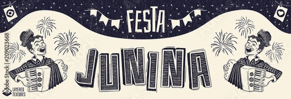 Fototapeta June Party woodcut style banner with peasants playing the accordion. Detailed vector for june party themes. Removable wood texture. Made in Brazil with love.