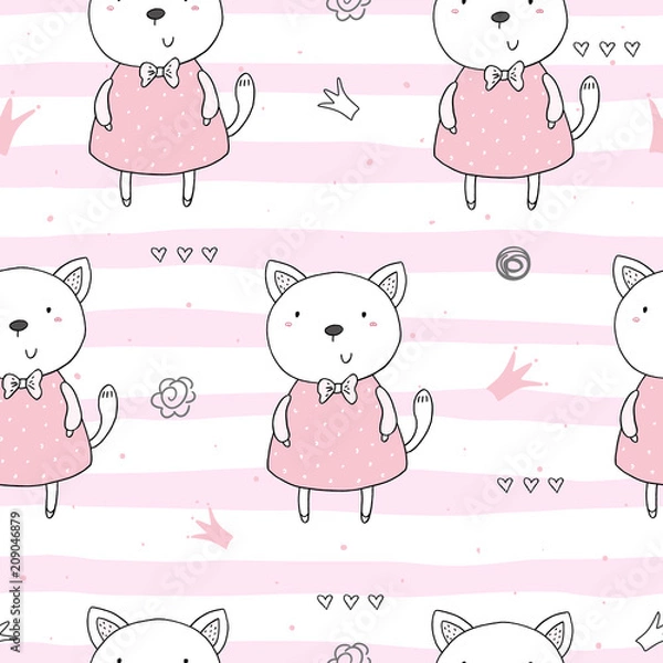 Fototapeta Seamless pattern with cute little cat. vector illustration