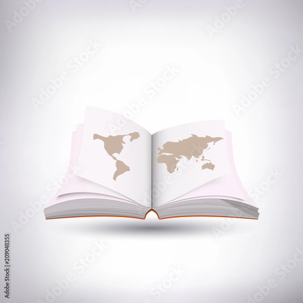 Fototapeta open book and world map