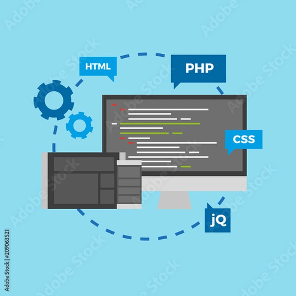 Fototapeta Colorful website coding vector illustration with devices and programming languages