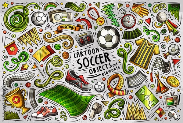 Fototapeta Vector doodle cartoon set of Soccer objects