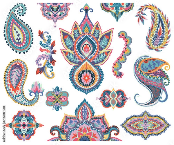 Fototapeta Zestaw Paisleya. Orientalne elementy dekoracyjne do tkanin, nadruków, papieru do pakowania, karty, zaproszeń, tapet. Ilustracja wektorowa