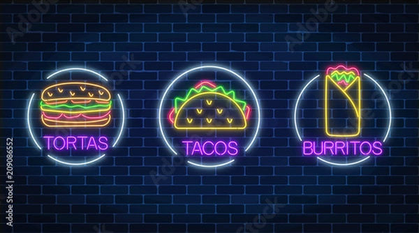 Fototapeta Set of three neon glowing signs of tortas, burritos and tacos in circle frames. Mexican fastfood light billboard symbol.