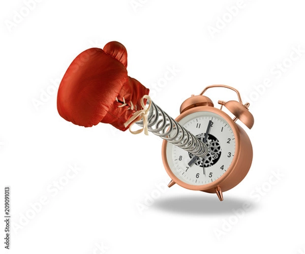 Fototapeta Red boxing glove springing out of alarm clock isolated on white background