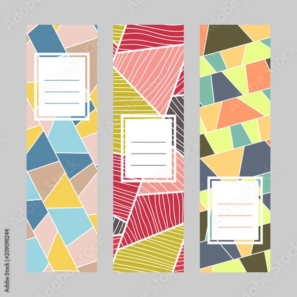 Fototapeta Set of vertical banners. Text frame. Abstract textures. Diagonal series. Contrast colors. Simple design for invitation, postcard or flyer.
