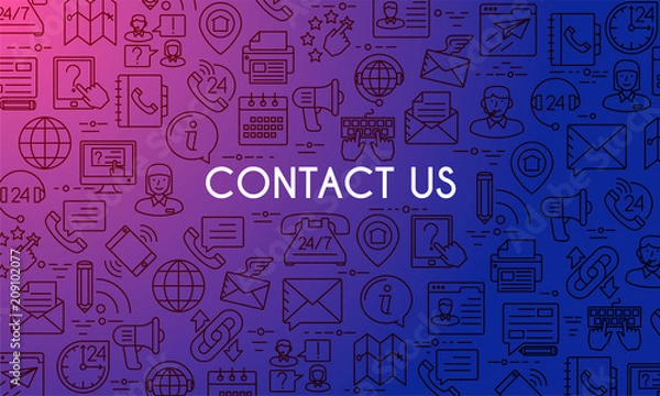 Fototapeta Contact us banner. Design template with thin line icons on theme customer service and support. Vector illustration