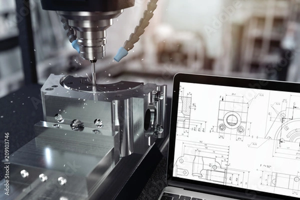 Obraz 3D ilustracja frezarki CNC z notebookiem