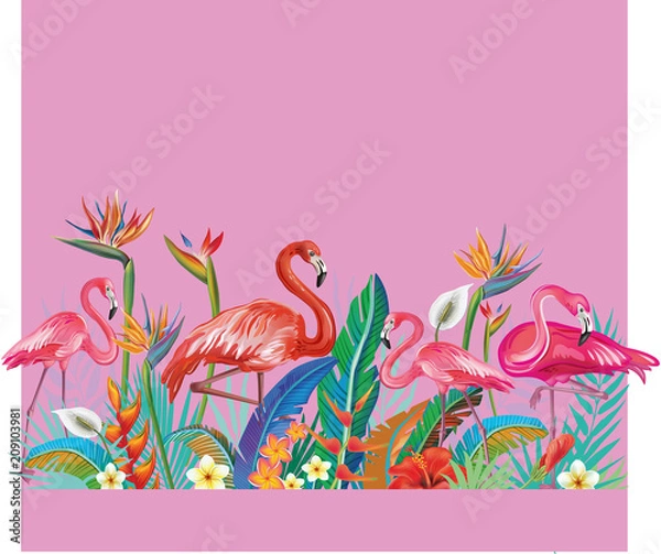 Fototapeta Arrangement from flowers and Flamingoes