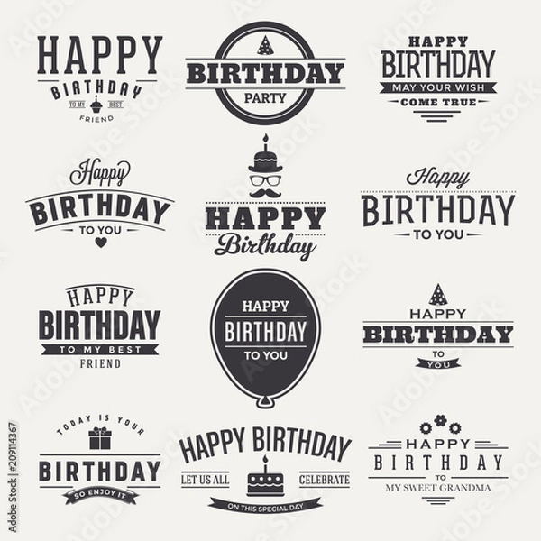 Fototapeta Happy birthday design with labels collection themed badge, logo, icon, tag design collection. Birthday Label Set