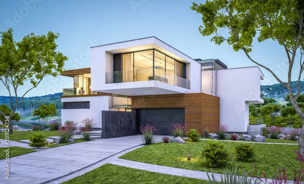 Fototapeta 3D Rendering nowoczesnego domu nad rzeką wieczorem