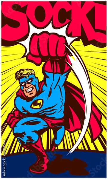 Obraz Pop-artu, komiks stylu vintage, superbohater rzuca ciosem i walczy z onomatopeą wektorową projekt plakatu