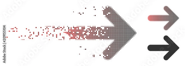 Fototapeta Vector arrow right icon in dissolved, dotted halftone and undamaged solid variants. Disintegration effect involves square particles and horizontal gradient from red to black.