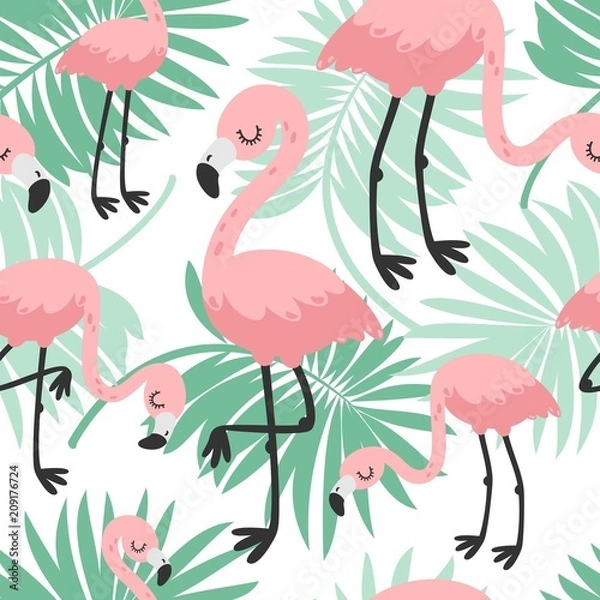 Obraz Tropical seamless pattern with pink flamingos and green palm leaves.