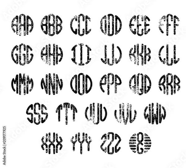 Fototapeta Set of letters to create circle monogram. Distressed scratched grunge effect.  Monogram alphabet. Vector illustration.