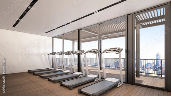 Fototapeta Gym at high rise condominium with Sky City view , 3d rendering