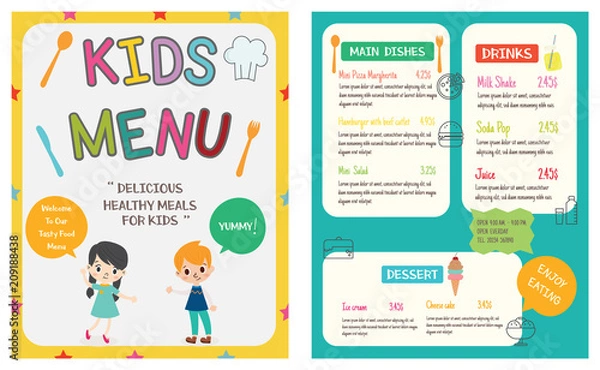 Obraz Cute colorful kids meal menu vector template