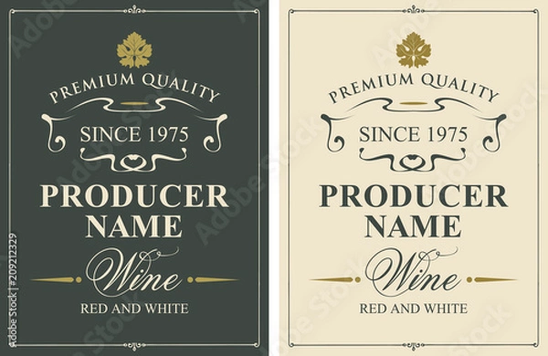 Obraz Zestaw dwóch wektorów etykiet wina z liśćmi winorośli i kaligraficznymi napisami w stylu retro
