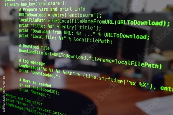 Fototapeta Training python software - Computer monitors in the office - Programming - Console