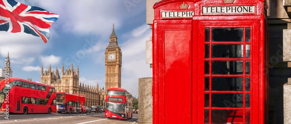 Obraz Symbole w Londynie z BIG BEN, DOUBLE DECKER BUS i Red Phone Booths in England, UK