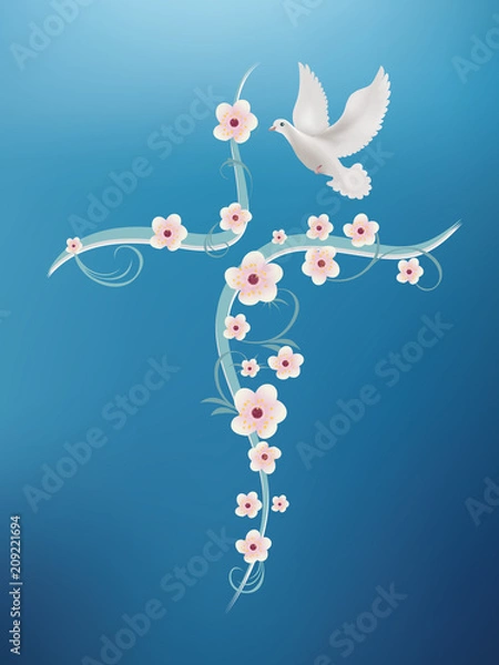 Fototapeta Christian baptism cross with flowers and dove on a blue background