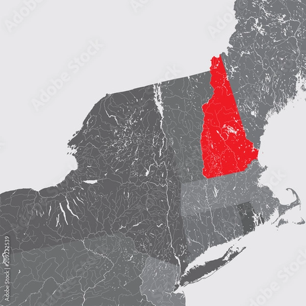 Fototapeta U.S. states - Northeastern United States - New Hampshire - map. Please look at my other images of cartographic series - they are all very detailed and carefully drawn by hand WITH RIVERS AND LAKES.