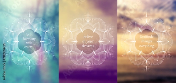 Obraz Set of three template for card or poster, vertical format; Spiritual sacred geometry on blurred background with place for your text; "Flower of life" and lotus; Yoga, meditation and relax.
