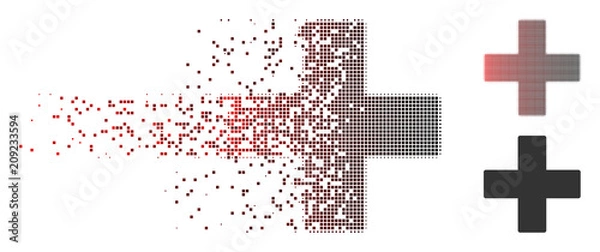Fototapeta Vector plus icon in dissolved, pixelated halftone and undamaged solid variants. Disintegration effect uses rectangle dots and horizontal gradient from red to black.