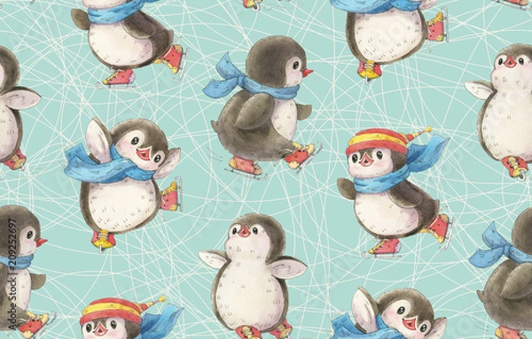 Fototapeta Seamless pattern with cute penguins
