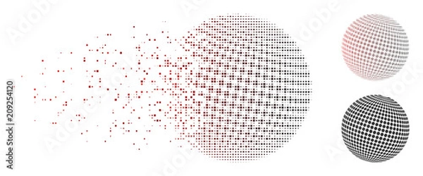 Obraz Ikona streszczenie wektor kropkowanej kuli w rozpuszczonych, kropkowanych półtonach i nieuszkodzonych całych wariantach. Efekt dezintegracji wykorzystuje kwadratowe iskry i poziomy gradient od czerwieni do czerni.