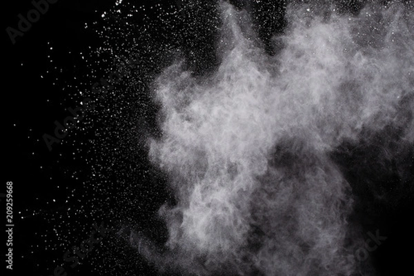 Fototapeta  Freeze motion of white dust explosion on black background. Stopping the movement of white powder on dark background. Explosive powder white on black background.