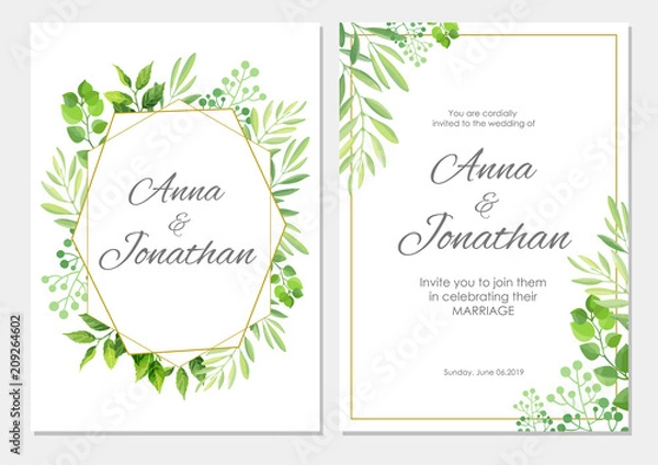 Obraz Wedding invitation with green leaves border. Floral invite modern card template set. Vector illustration.